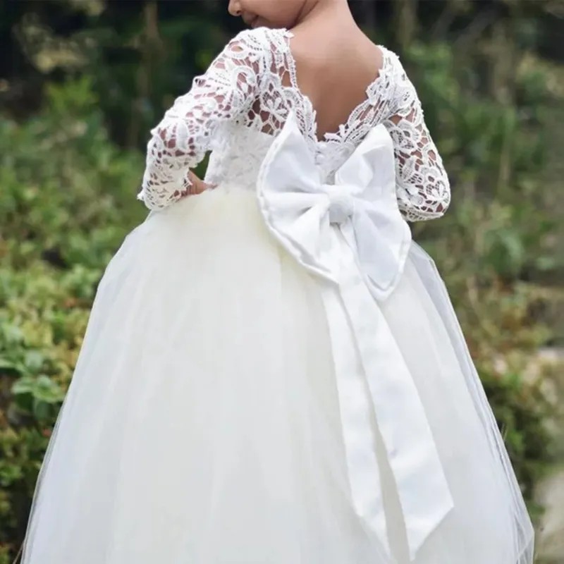 Robes de demoiselle d'honneur en tulle rose bouffant pour fête de mariage, manches longues, col rond, longueur au sol, robes de première communion pour enfants en bas âge, robe formelle de petite fille CL3316