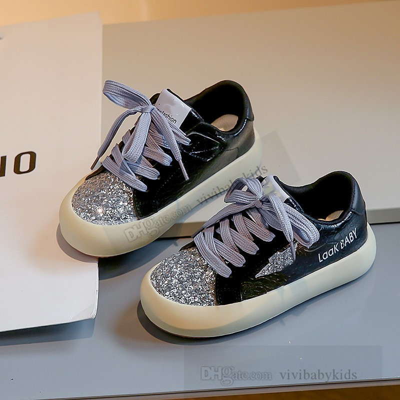 Moda infantil lantejoulas tênis INS crianças bling carta rendas sapatos casuais crianças antiderrapante fundo sapatos planos S1089