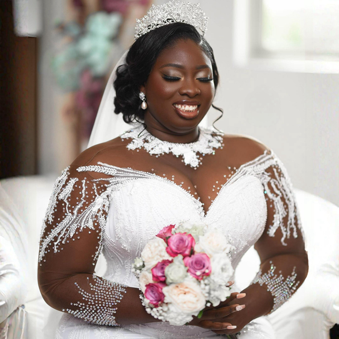 Nigeria Plus Size Aso Ebi Mermaid Wedding Dress Bridal Gowns For Bride Illusion Long Sleeves Sheer Neck Tiered Tulle Beads Lace Marriage for African Black Women NW098