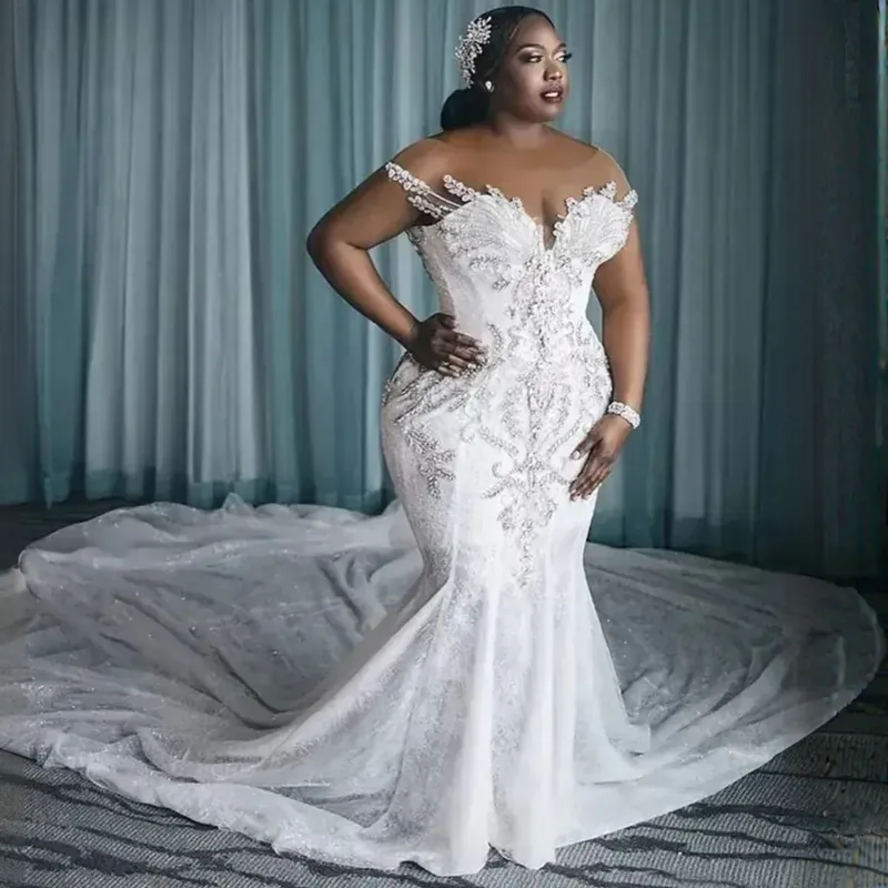 Aso Ebi Sereia Vestidos de Noiva para Noiva Plus Size Vestidos de Noiva Africano Nigéria Estilo Renda Tule Ilusão Rehinestones Frisado Vestido de Mariage para Mulheres Negras NW130