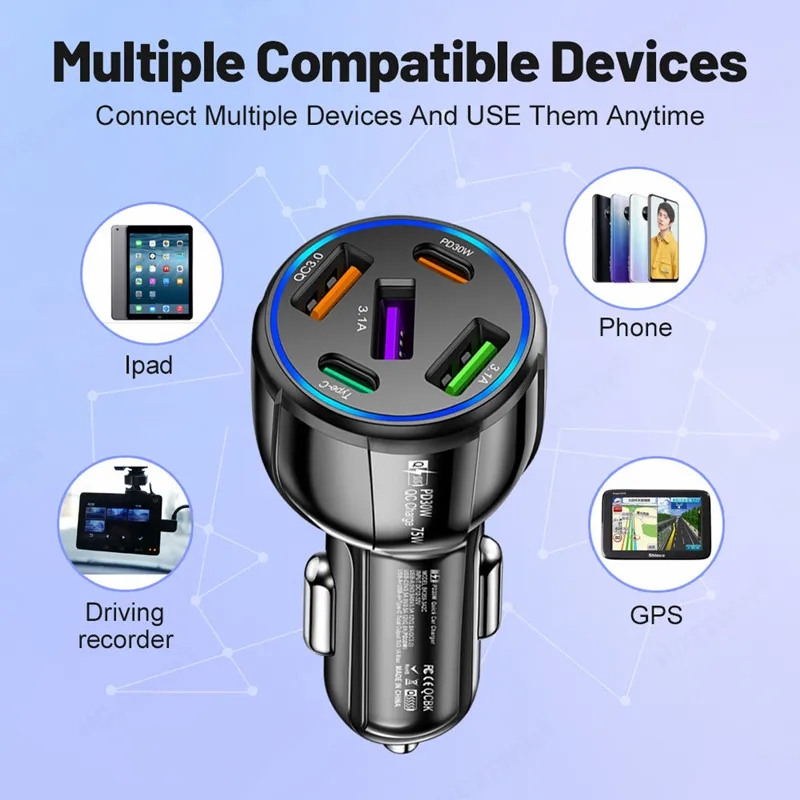 75W USB C Car Charger QC 3.0 USB Quick Charger Snabb Charing PD 30W Typ C Telefonladdare Adapter för iPhone 15 14 13 Xiaomi Huawei Samsung S24