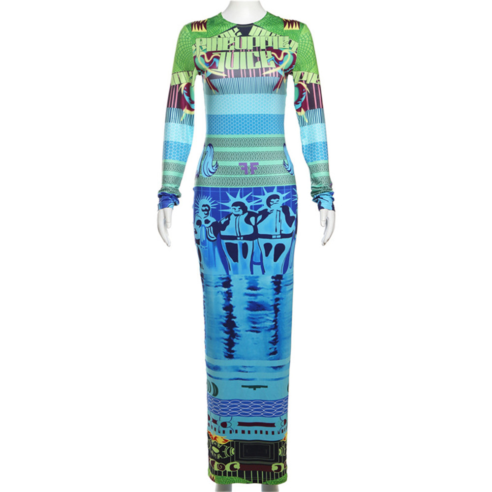 2024 Designer Sukienki Maxi Kobiety Długie rękawe sukienka 2024 Spring Sexy Printing Dress Party Street Club Noś luzem Hurtowe ubrania 10682