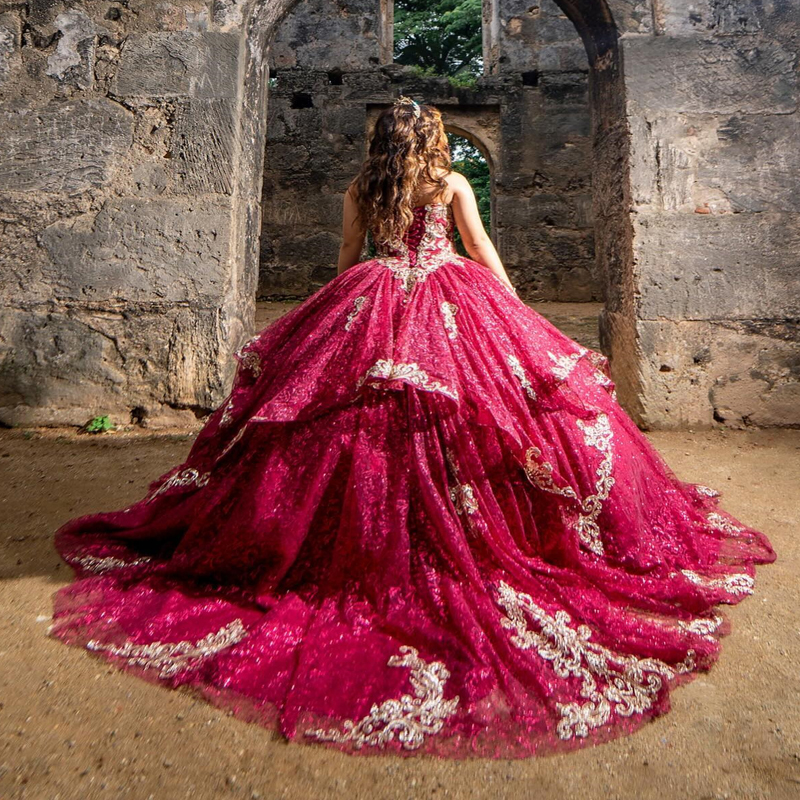 Röd glänsande vestidos de anos quinceanera klänning pärlor paljetter applikation spets kristaller diamanter mexico klänning för 15 år födelsedag