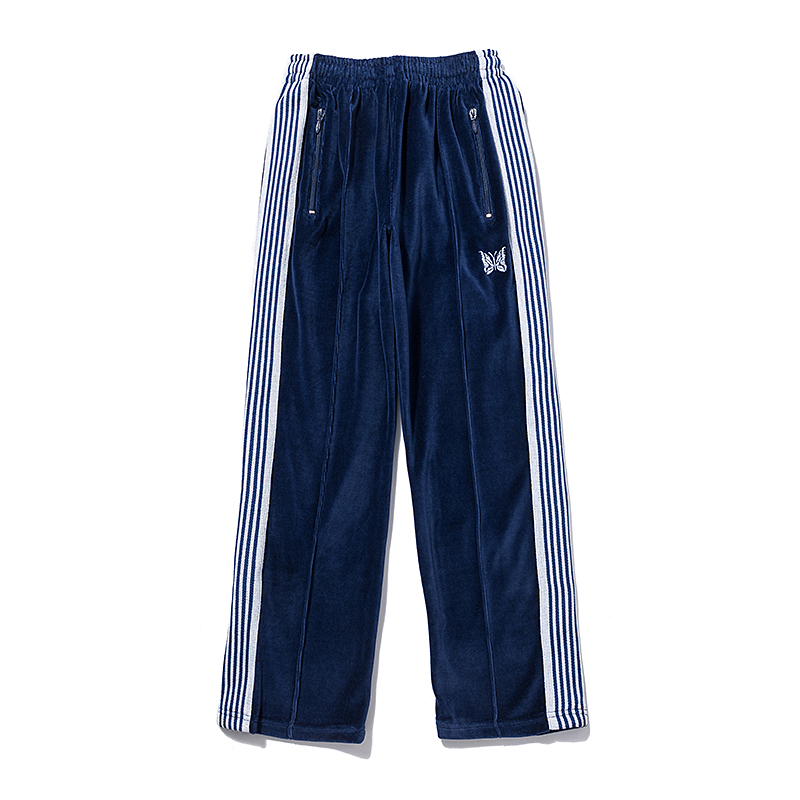 Pantalon de survêtement en velours à rayures bleues et blanches pour hommes et femmes, pantalon de survêtement avec cordon de serrage brodé