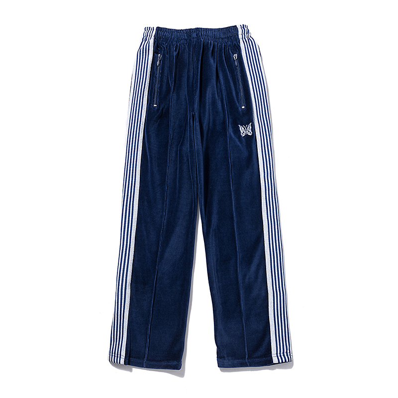 Blue White Stripe Mesh Velvet Track Pants Men Women Embroidery Drawstring Pants Sweatpants