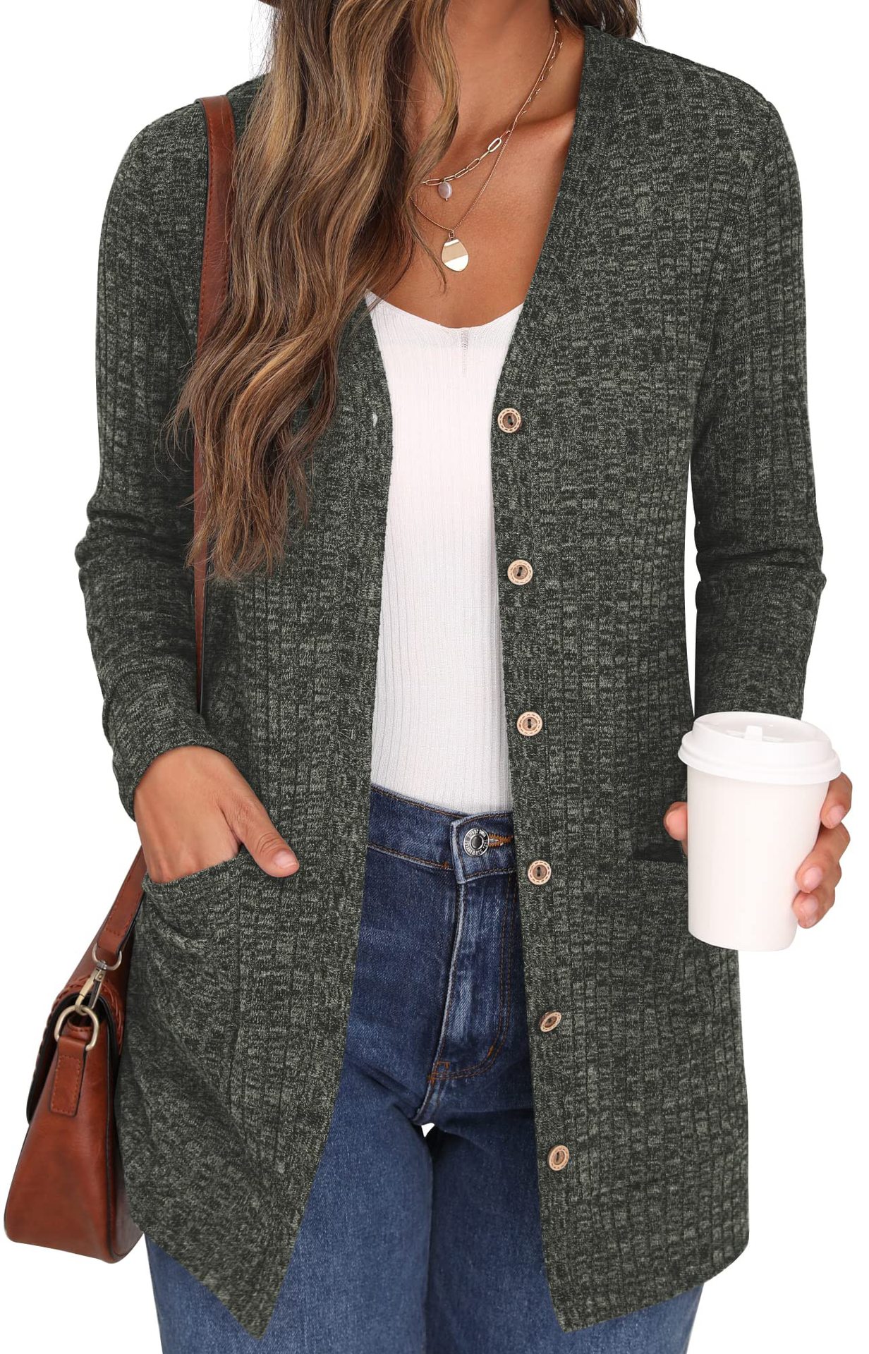 Suéter feminino primavera 2024, cardigã de manga comprida, frente aberta, decote em V, malha canelada, roupa externa leve com bolso BK24007