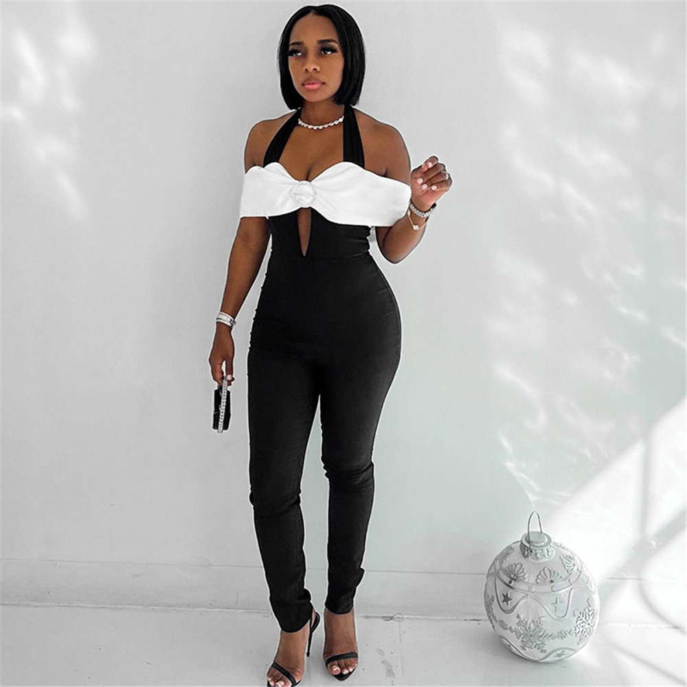 2024 Designer Sexig backless Jumpsuits Summer Women Bodycon Halter Rompers ärmlös snedstreck halseggings One Piece Overall Partihandel 10676