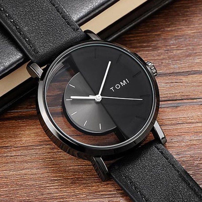 Unikalny zegarek Creative Pół przezroczysty zegarek unisex dla mężczyzn Kobiety Para maniak stylowa skórzana zegarek kwarc-Watch336d