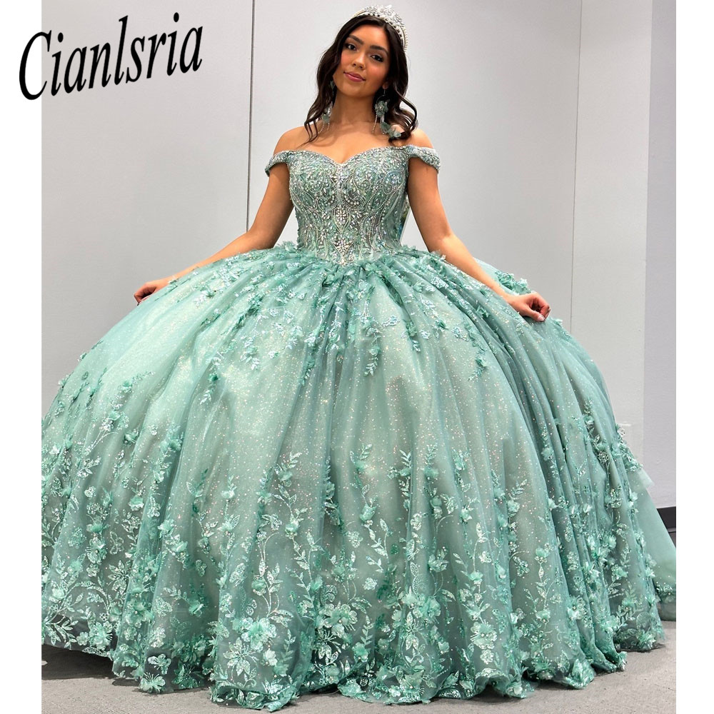 Mint Green Quinceanera Dress Off the Rame Ball Stun