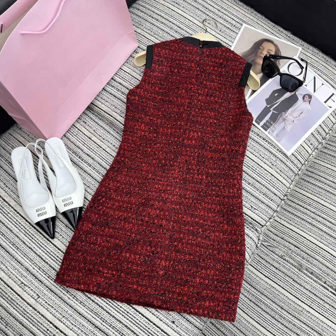 Frete grátis 2024 vermelho tweed vestido feminino designer tripulação neeck sem mangas carta bodycon vestido de festa dh22206