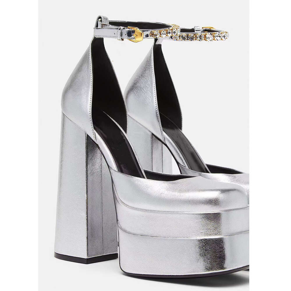 Tacón grueso Mary Jane plataforma mujer Golden Sier punta cuadrada tacones altos banquete bombas diseño de marca pasarela zapatos de gran tamaño