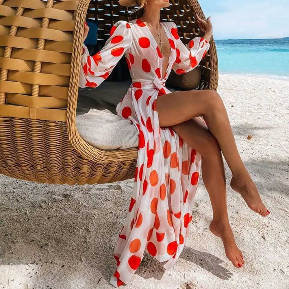 Basic Casual Dresses Beach Dress 2024 Bikini Cover Printed Swimsuit Womens Kimono Plus Size Tuned Sexy Long sleeved Swimsuit Cover J240222