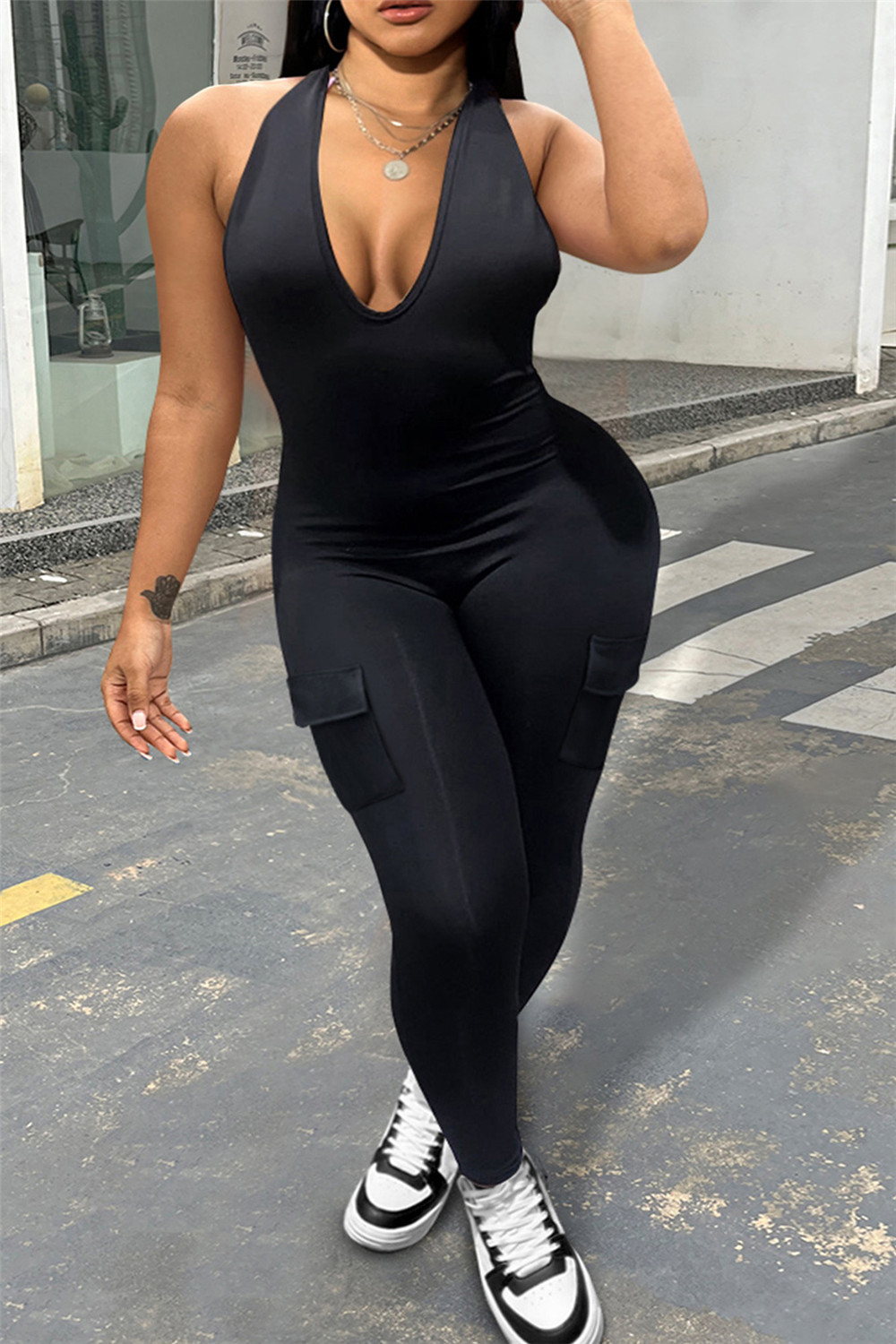 2024 Sexig backless jumpsuits Women Summer BodyCon Rompers XS Sleeveless V-ring Jumpsuits One Piece Overalls Leggings Bulk grossistkläder 10674