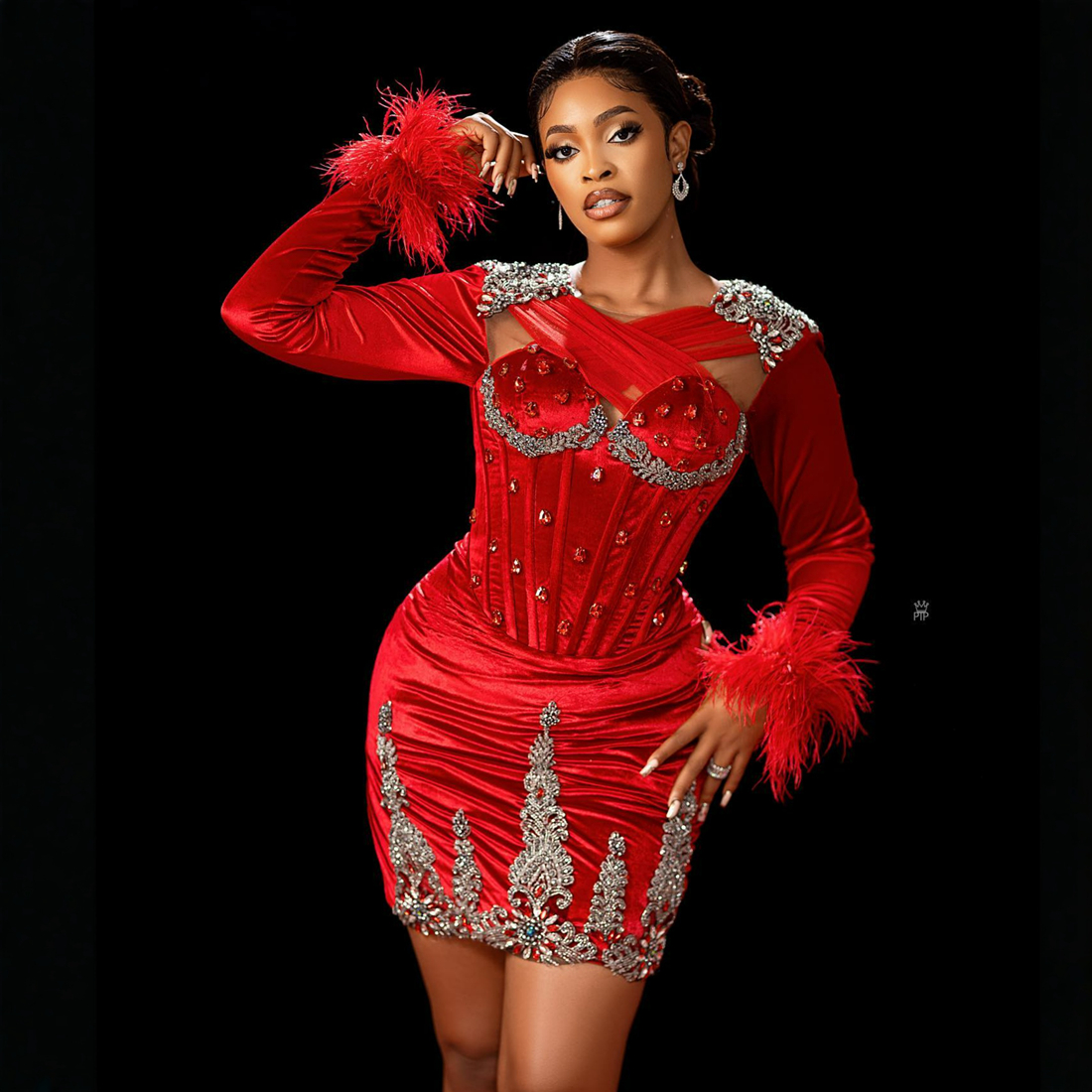 Robes de cocktail élégantes Aso Ebi robes de bal courtes en velours manches longues robes de soirée à plumes appliquées robes d'anniversaire en dentelle perlée pour club pour filles noires C026