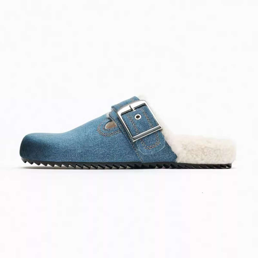 2024 Autumn New Baotou Half Shoes Lamb Hair Denim Casual Shoe Buckle Decoration Thick Bottom Ull tofflor utanför lägenheter