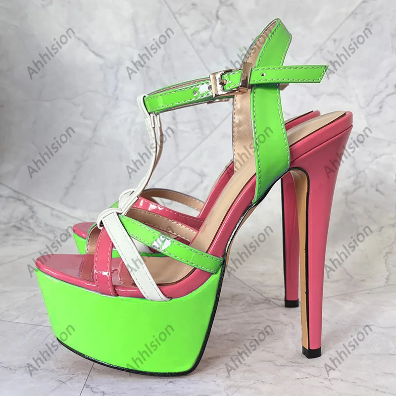 Ahhlsion Novas Mulheres Sandálias de Verão Patente Sexy Salto Stiletto Dedo Do Pé Redondo Agradável Violeta Sapatos de Festa Senhoras EUA Plus Size 5-20