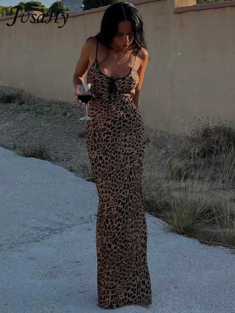 Vestidos casuais básicos jusahy mulheres novo y2k elegante leopardo impressão maxi vestido sem costas apertado italiano espaguete alça de ombro renda slim fit vintage robe dr j240222