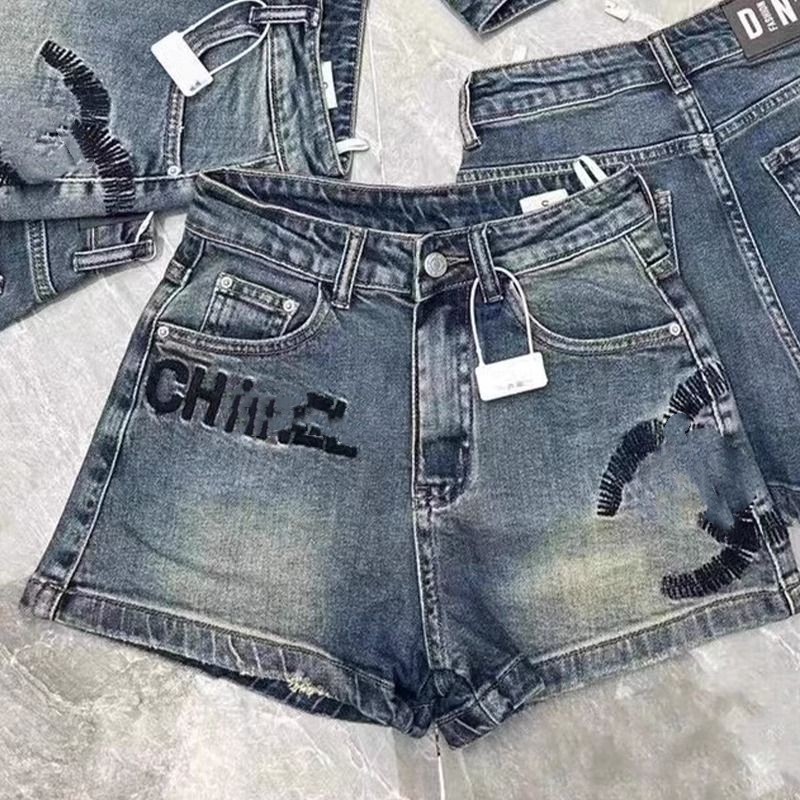 Women's summer high waist denim jeans loose logo letter embroidery shorts SMLXL