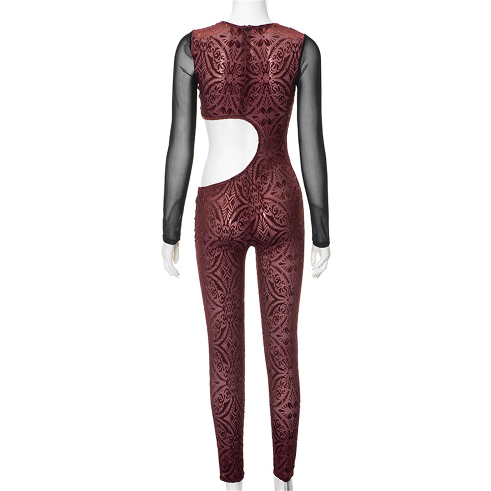 2024 Designer Mesh Jumpsuits Women Spring Long Sleeve Hollow Out Rompers Sexiga rena overaller Se genom Leggings Night Club Wear Wholesale Clothes 10678