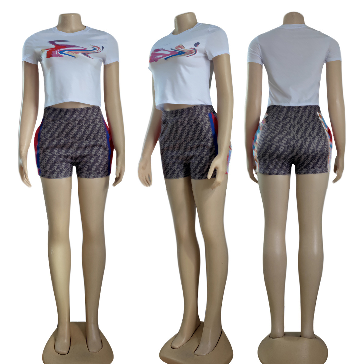 Pantaloni a due pezzi con stampa di design T-shirt e pantaloncini casual con girocollo da donna, completi di spedizione gratuita