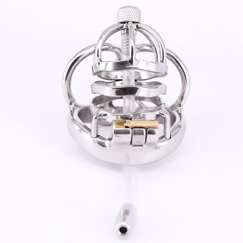 Stainless Steel Male Chastity Devices with Anti-off Ring Testicle Restraints Gear Cock Cage with Urethral Catheter