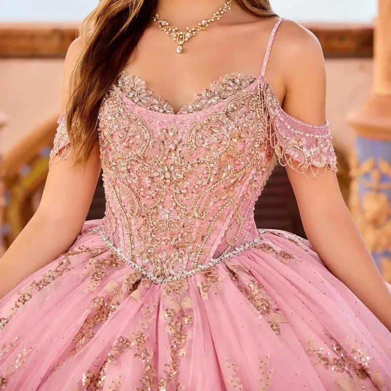 Rosa brilhante quinceanera vestido princesa vestido de baile tule ouro apliques rendas contas doce 15 16 vestido vestidos de 15 anos