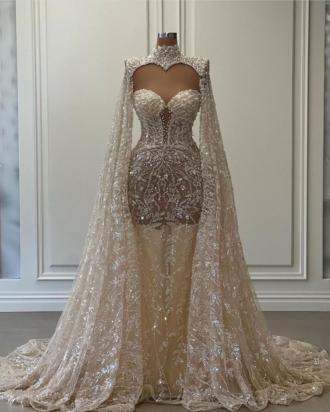 Vintage Pearls Sequins Wedding Dresses Strapless Mermaid Bridal Gowns See Through Beading Cape Sleeve Bride Dresses Custom Made