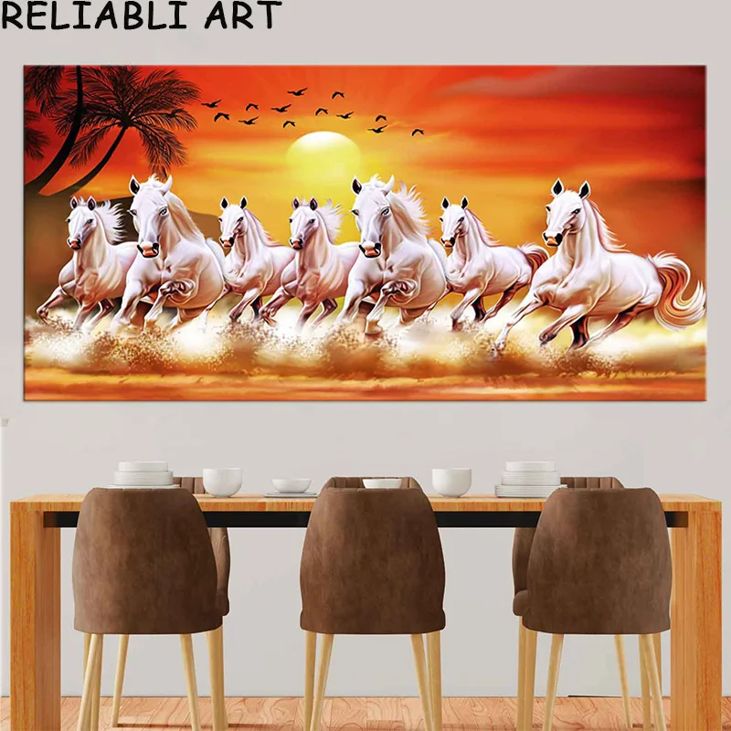 Настенное украшение в скандинавском стиле, 7 бегущих белых лошадей, холст, картина для гостиной, современный лунный пейзаж, художественная картина, домашний декор