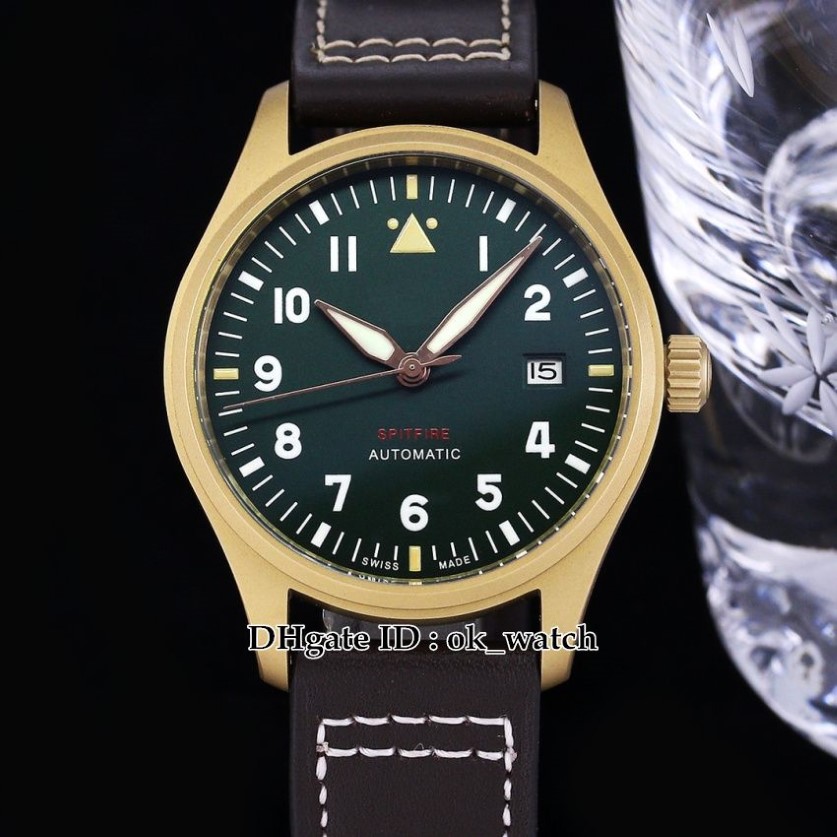 最高品質39mm miyota 9015自動メンズウォッチブロンズIW326802オリーブグリーンダイヤルブラウンレザーゲントスポーツウォッチ2319