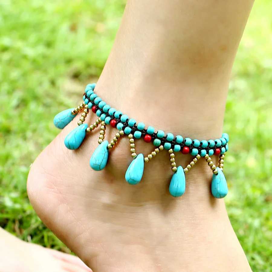 Anklets Bohemian Semi-precious Stones Anklet Water Drop Foot Chains Handknit Ethnic Style Beach Catwalk Turquoise Feet Jewelry For Women zln240223