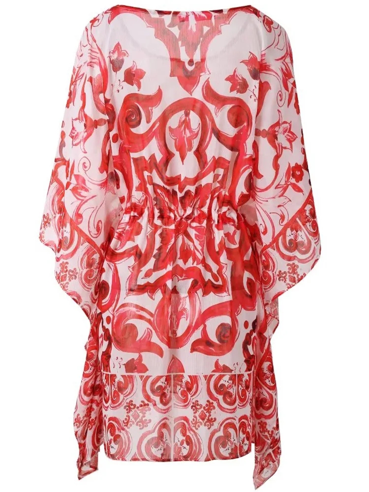 Fashion Chiffon Red Porcelain Print Dress Summer Women Casual Mini Vestidos Three Quarter Batwing Sleeve Shirring Slims