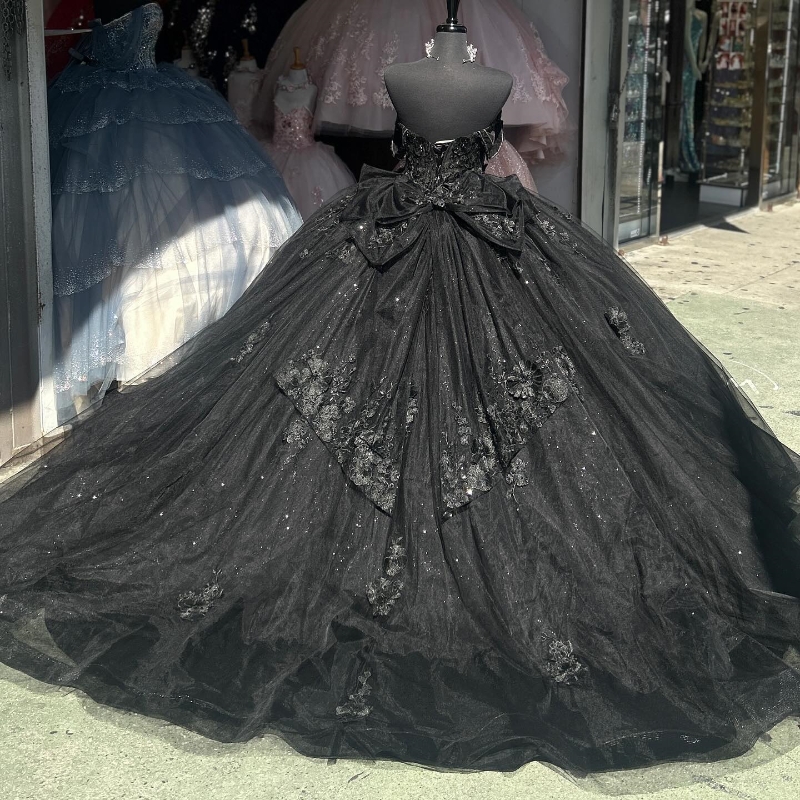 Black Princess Girls Quinceanera Dress Appliques Lace Tull Off the Shoulder Ball Gown Prom Party Wear Sweet 15 16 Vestidos De Fiesta