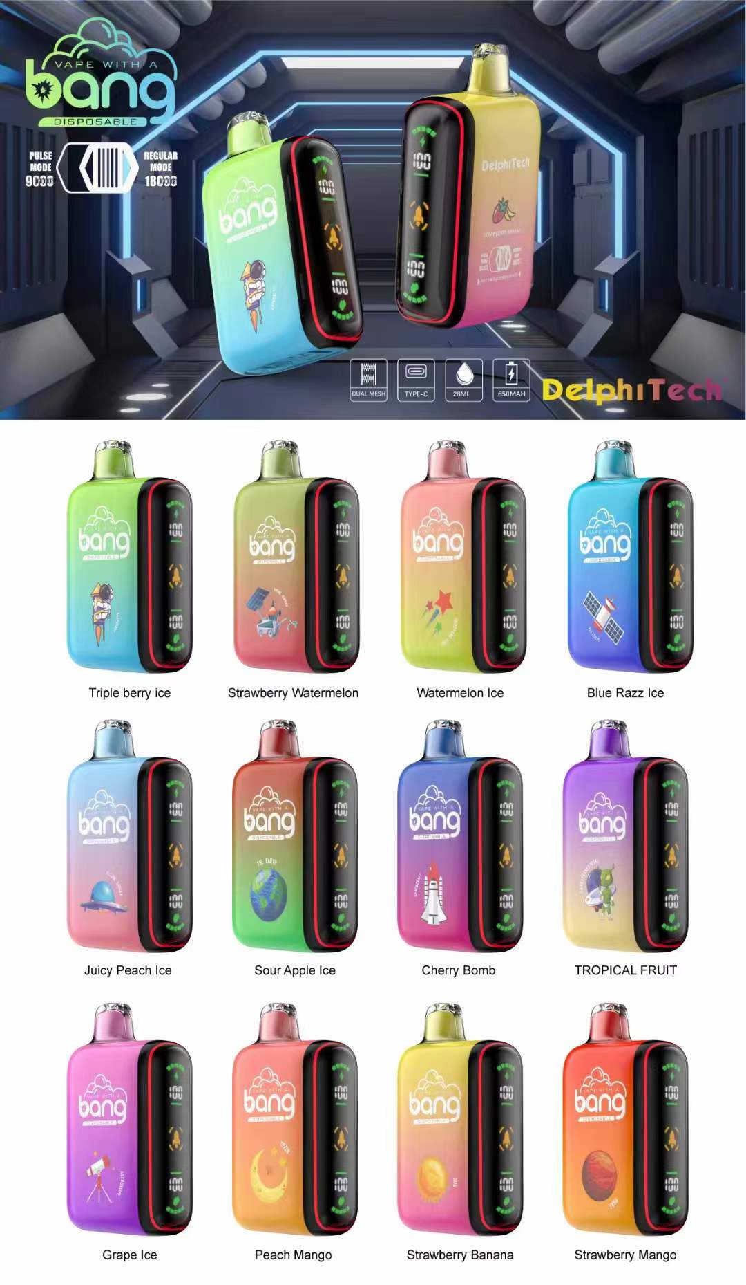 BANG 9000 Puf ve Bang 18000 Puf Tek Kullanımlık Vape 0% 2% 3% 5% 5 Puff 9k 28ml PRELOADED 650mAh şarj edilebilir güç ekranı.