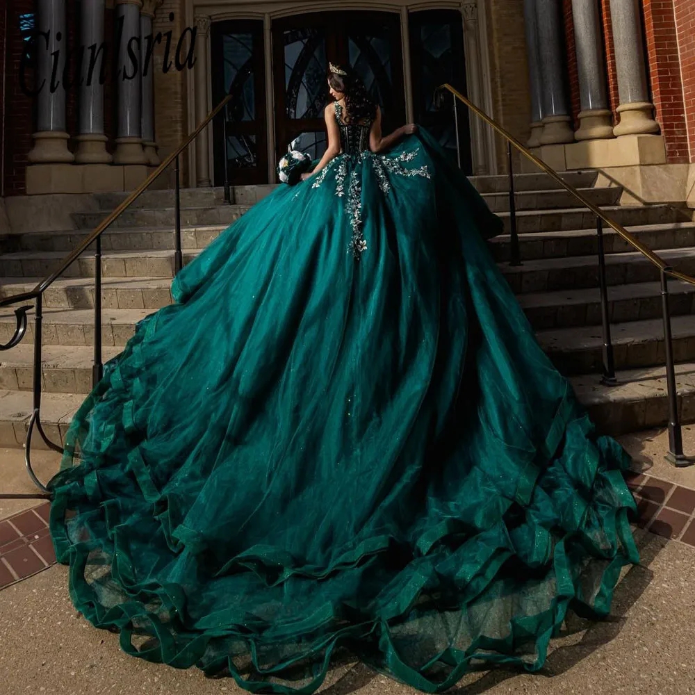 Dark Green Lace Floral Quinceanera Dresses Ball Spaghetti Straps tulle Prom Dress Party Gowns For 16 Sweet Girls