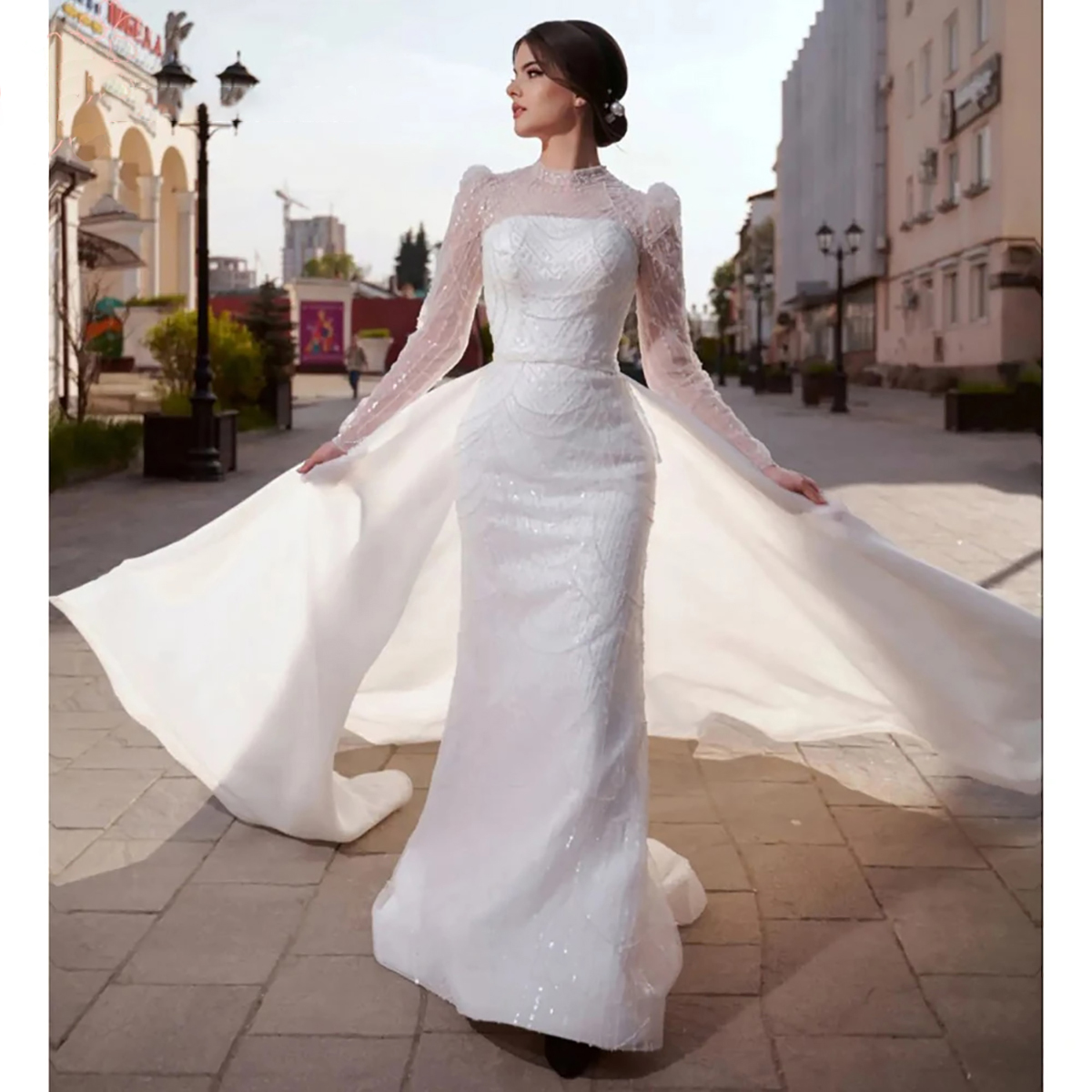Klassiska bröllopsklänningar långärmad sjöjungfru brudklänningar med overskirts paljetter pärlor med hög nacke brudklänningar skräddarsydda