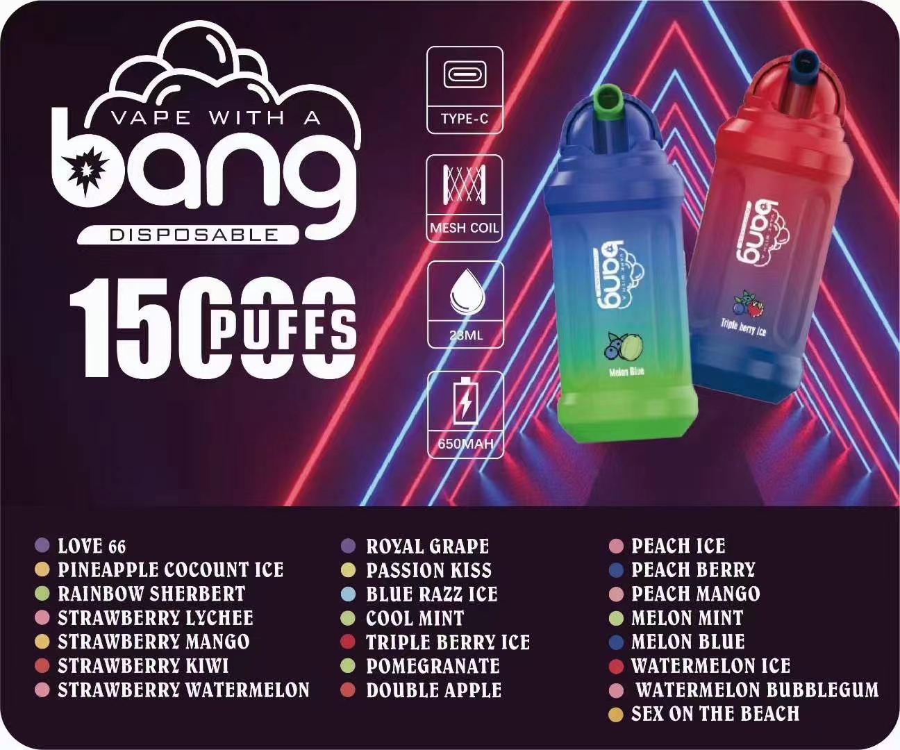 Originele BANG 15000puff wegwerpbare vape-vormige flip-waterfles model oplaadbaar - C-type 23 ml e-vloeistofcapaciteit, nicotinegehalte 0% 2% 3% 5% 15K mesh-spoelbatterij 650mAh