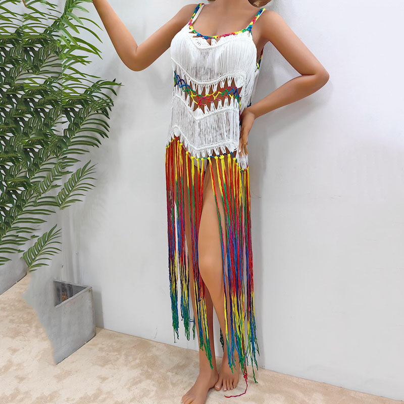 Chaleco Sexy Maxi Vestido Bohemio para Mujer Ahueca Hacia Fuera Vestidos Largos de Playa para Mujer Sin Mangas Patchwork Vestido de Borla de Moda de Verano Bikini Beach Cover Up