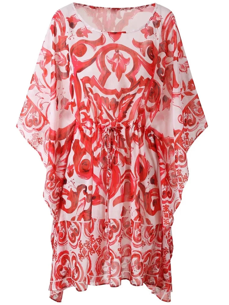 Fashion Chiffon Red Porcelain Print Dress Summer Women Casual Mini Vestidos Three Quarter Batwing Sleeve Shirring Slims