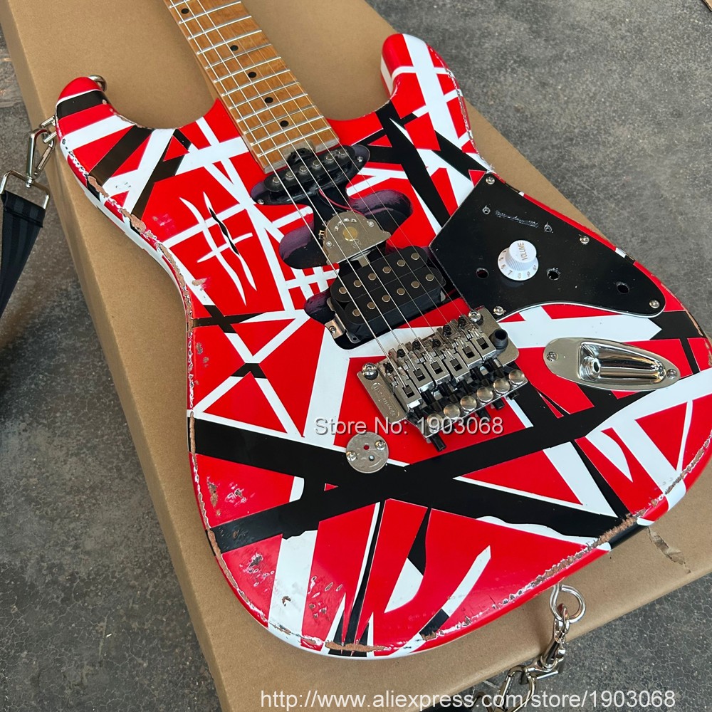 Klasyczny Eddie Relic van Halen 82 -letnia wersja Franken Electric Guitar/White Black Stripe/Heavy Aged/