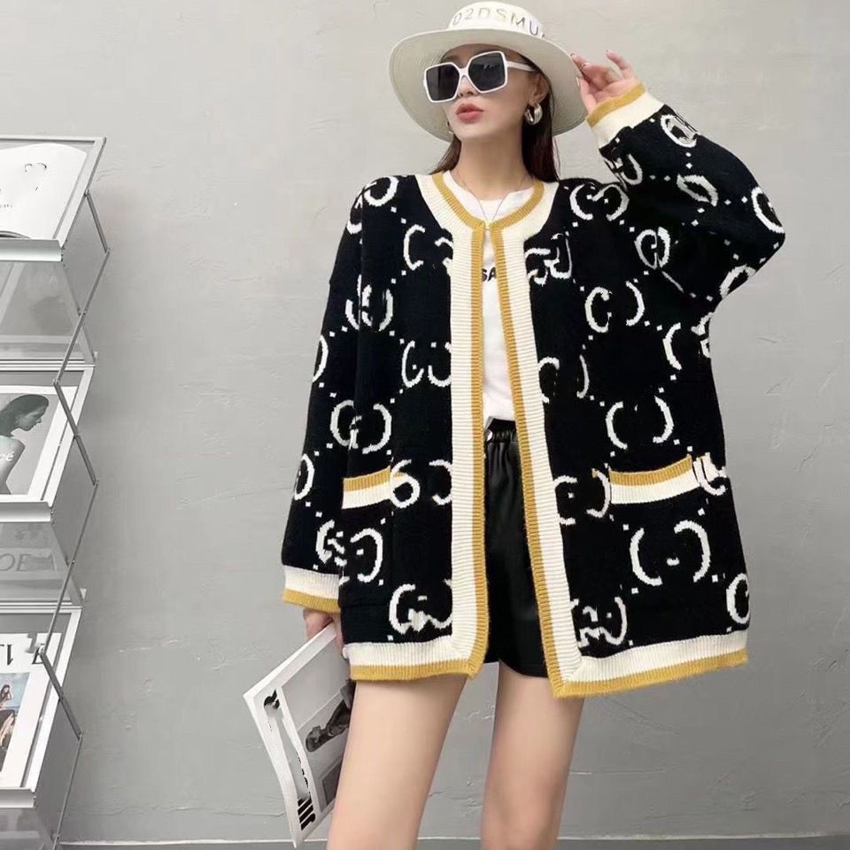 New design women's o-neck thickening logo letter jacquard knitted long sleeve loose sweater cardigan coat SMLXL