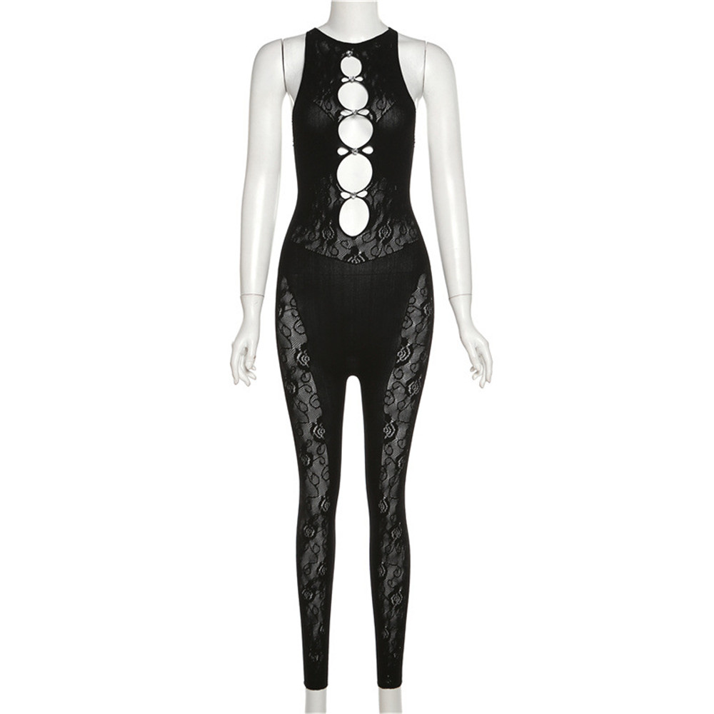 2024 Designer Sexy Hollow Out Jumpsuit Dames Zomer Mouwloze Mesh Patchork Romper Bodycon See Through Leggings Een Stuk Overalls Bulk Groothandel Kleding 10691