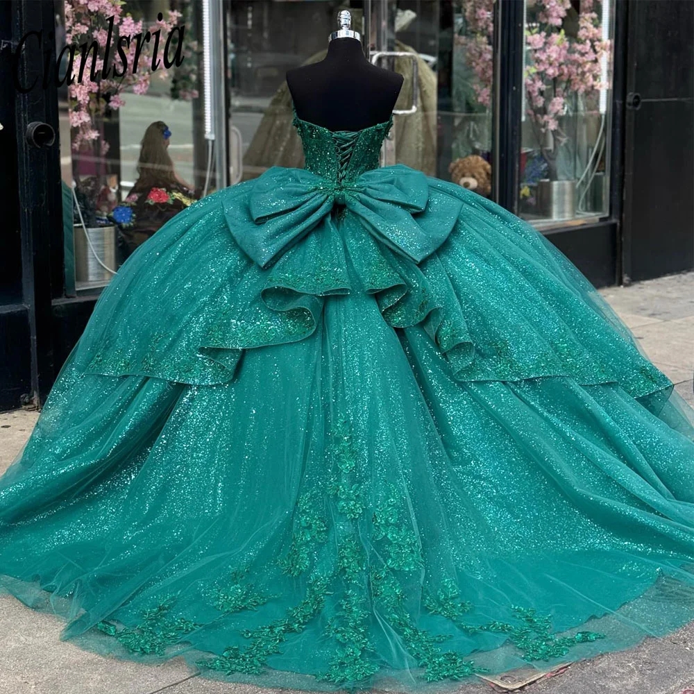 Sparkly Green Lace Plus Size Quinceanera Dresses 2024 Floral Applique Sweep Train Birthday Party Gowns vestidos de 15Prom Party Wears