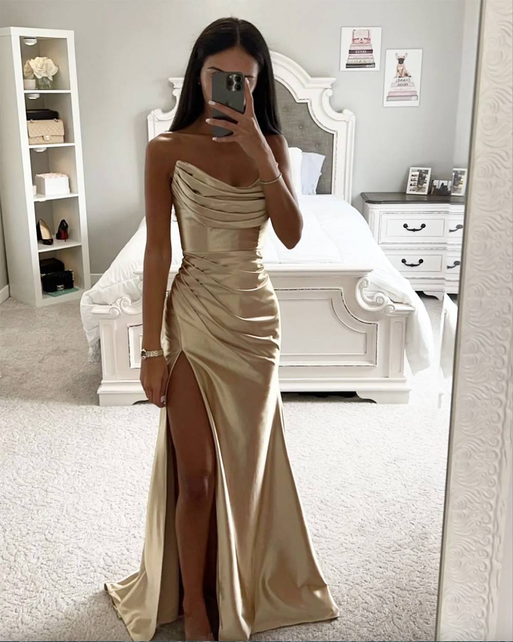 Fashion Champagne Gold Prom Dresses Strapless Evening Gowns Pleats Sheath Split Formal Red Carpet Long Special Occasion Party dress