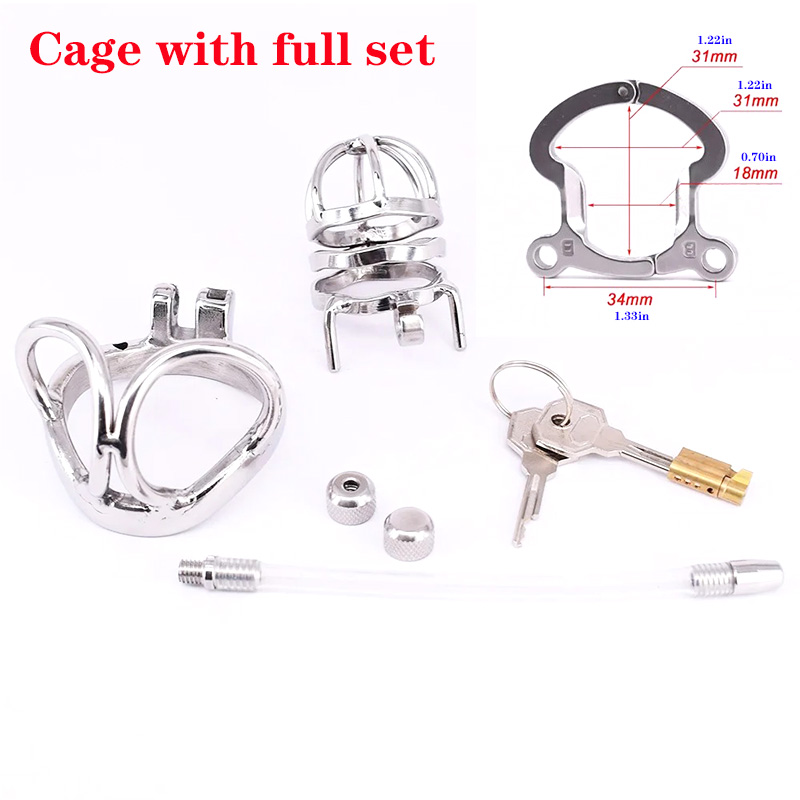 Stainless Steel Male Chastity Devices with Anti-off Ring Testicle Restraints Gear Cock Cage with Urethral Catheter