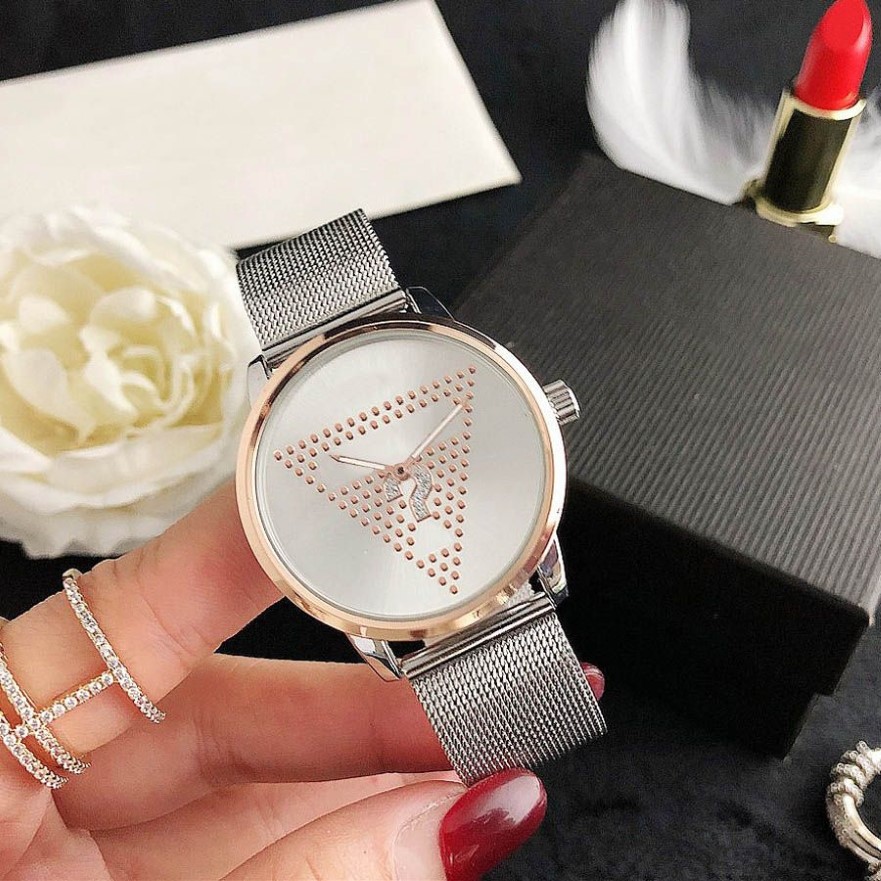 Marque de mode femmes fille cristal triangle point d'interrogation style acier métal bande quartz montre-bracelet GS38306Z