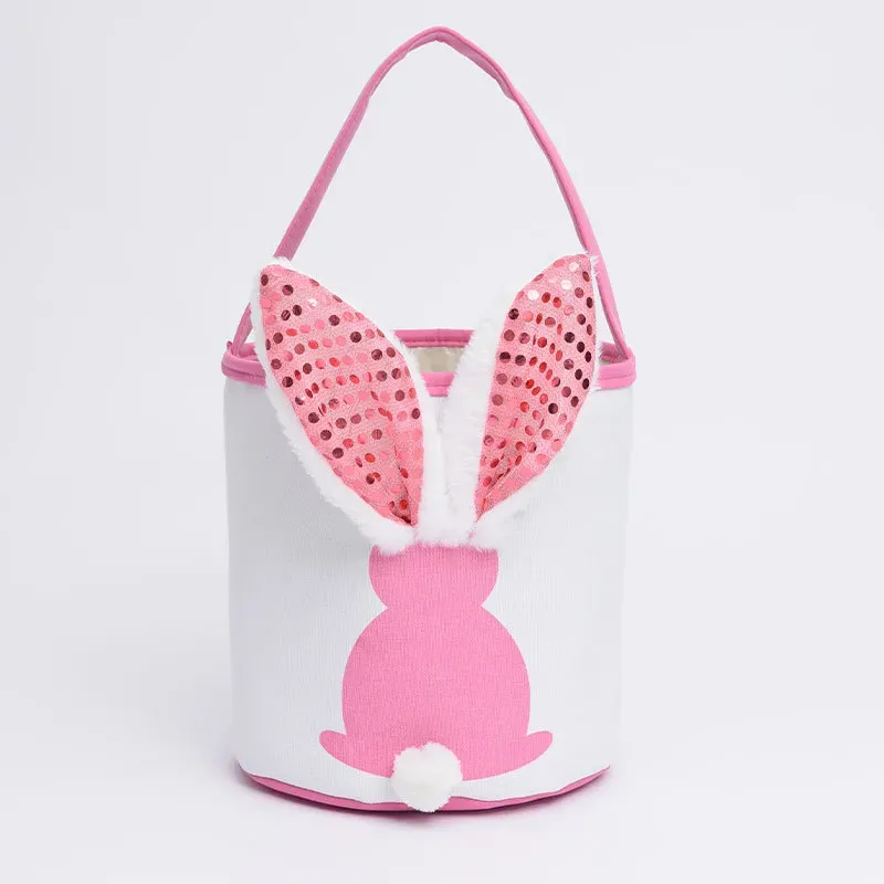 LED Flashing Light Sequin Bunny Easter Basket Handbag Bags Rabbit Egg Basket Hunt Bags Canvas Cotton Bucket Tote With Fluffy Tail For Kids Party Decoration & Daily Use