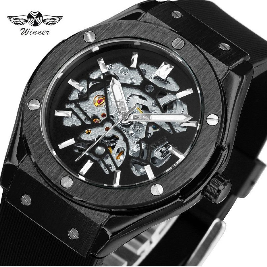 WINNAAR Top Outdoor Sport Mannen Automatisch Mechanisch Horloge Rubberen Band Creatief Skelet Ontwerp Casual Watch293r