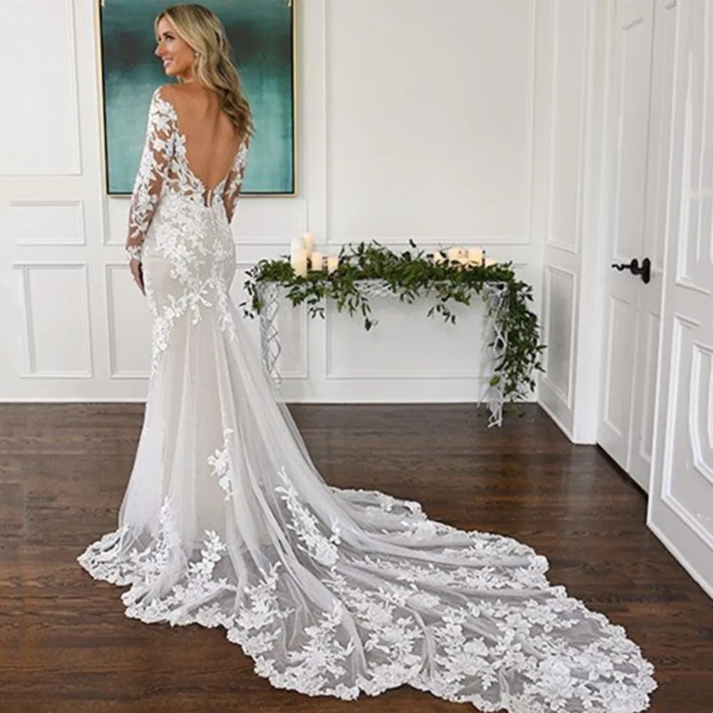 Sexy Backless Beach Lace Wedding Dress Long Sleeves Mermaid Bohemian Bridal Gowns Sheer Neck Applique Summer Vestido De Novia 2024