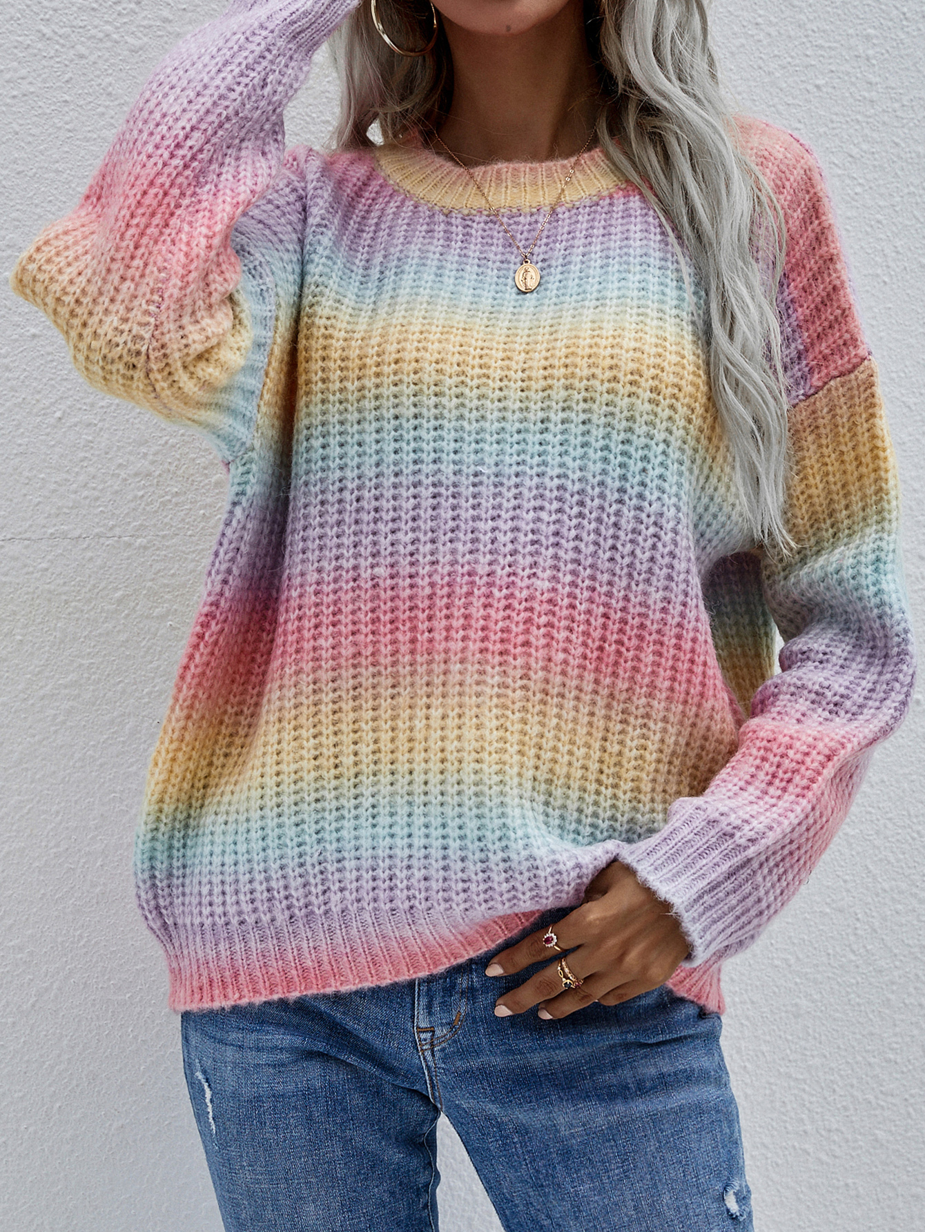 Женский свитер Повседневный пуловер с круглым вырезом и длинными рукавами. Большой сшитый свитер со свободным вязаным крючком полосатым воротником, свитера цвета радуги.