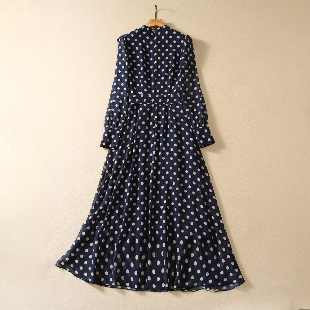 2024 Spring Summer Polka Dot Print Women's Dress Stand Collar Ruffer Long-Sleeve Woman's Casual Long Dresses AS017